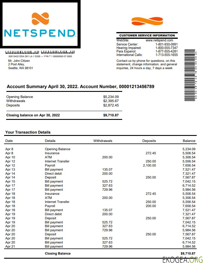 Relevé bancaire Netspend aux États Unis